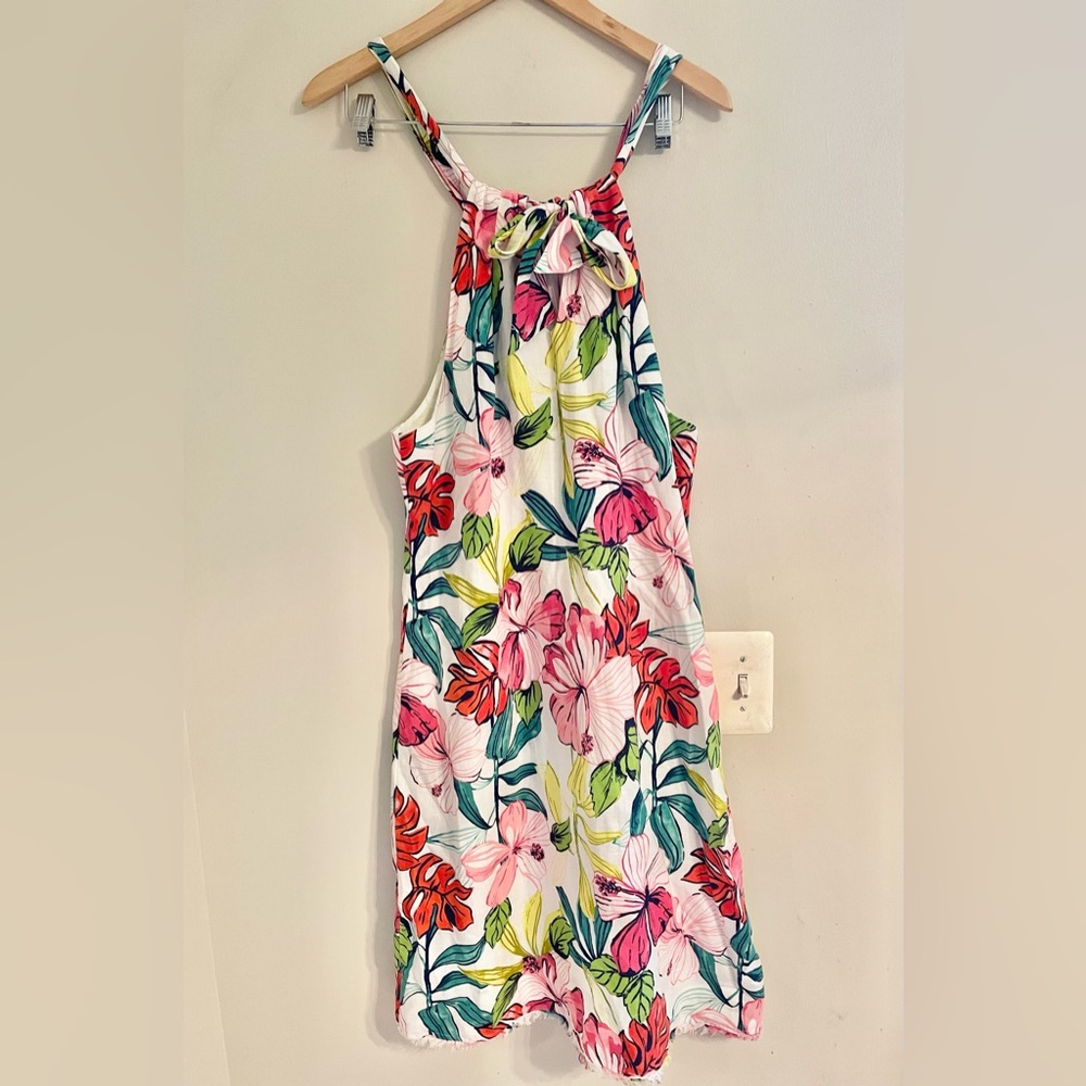 Tommy Bahama Floral Linen Halter Shift Dress Fringe Hem Lined Hibiscus Print L - Picture 3 of 13